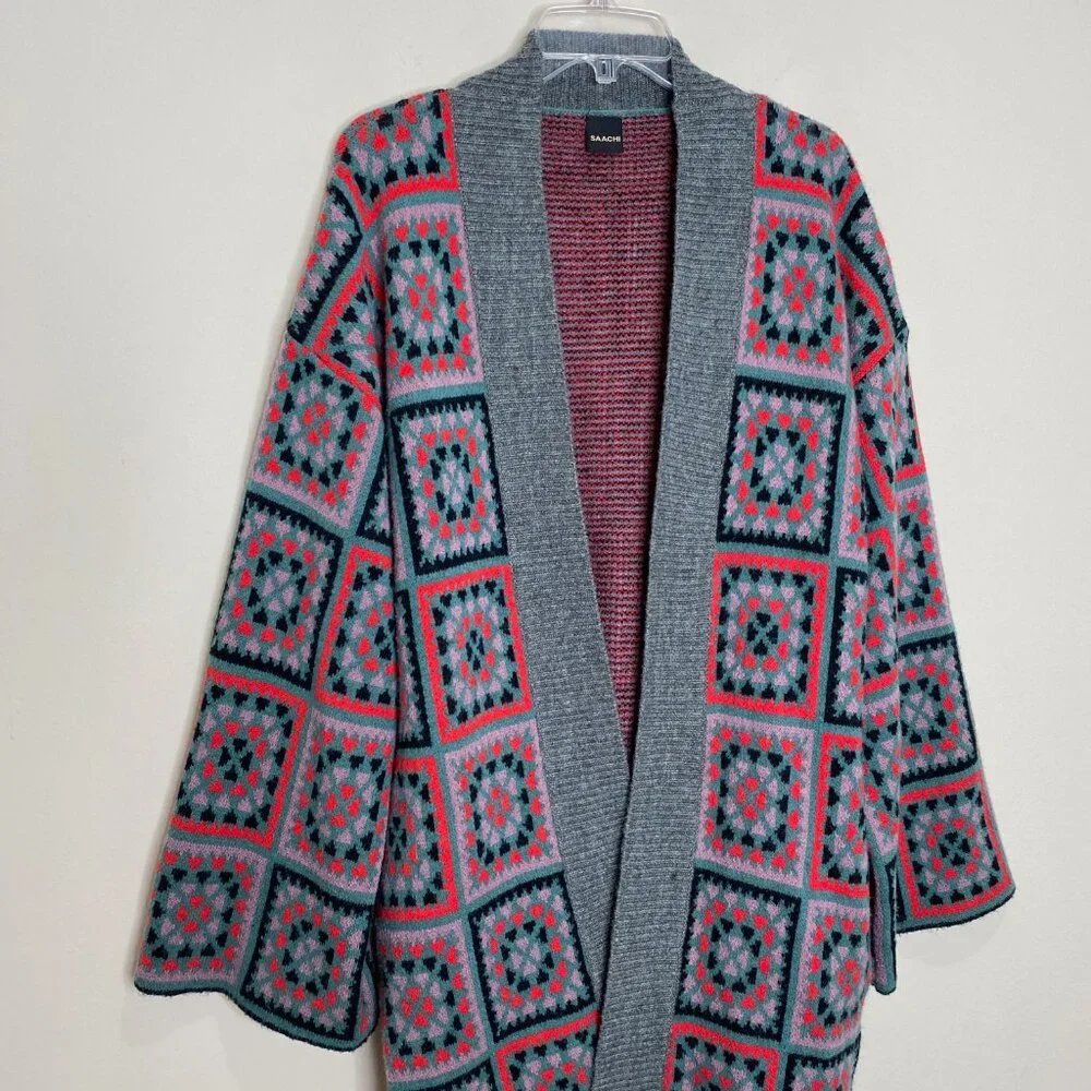Saachi Square Patch Open Front LOng Kimono Cardigan *Grey* One Size - Picture 9 of 13